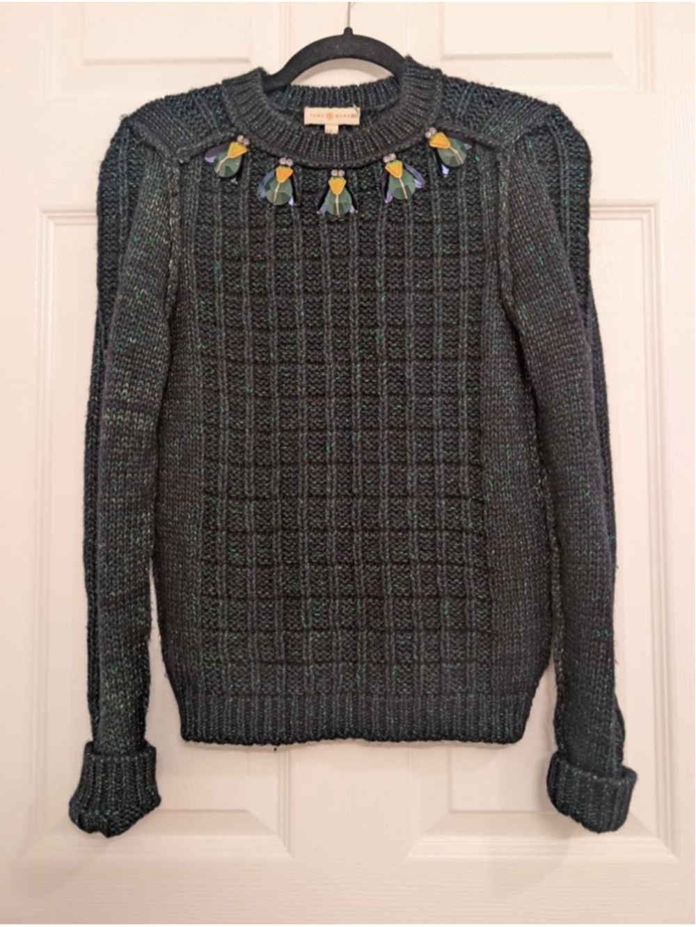 Tory Burch Lucy Metallic Green Beatle Embellish Sweater Size S Wool Cotton Blend - Picture 8 of 11